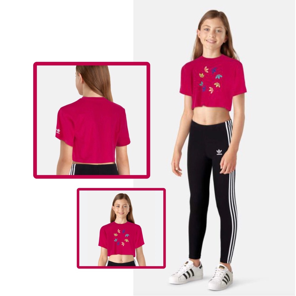 Adidas Bold Pink Originals Multi-color Trefoil "Big Girl" Kids Crop-top NWT XS - Picture 3 of 11
